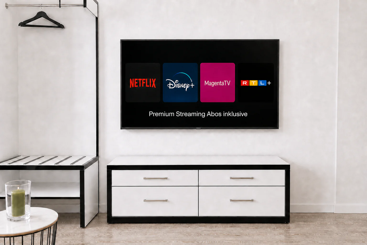 Fernseher mit Netflix, Disney+, MagentaTV und RTL+ in einem SecondHome Apartment in Dortmund
